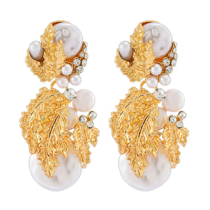 1 Pair Elegant Retro Leaves Layered Inlay Zinc Alloy Pearl Dangling Earrings