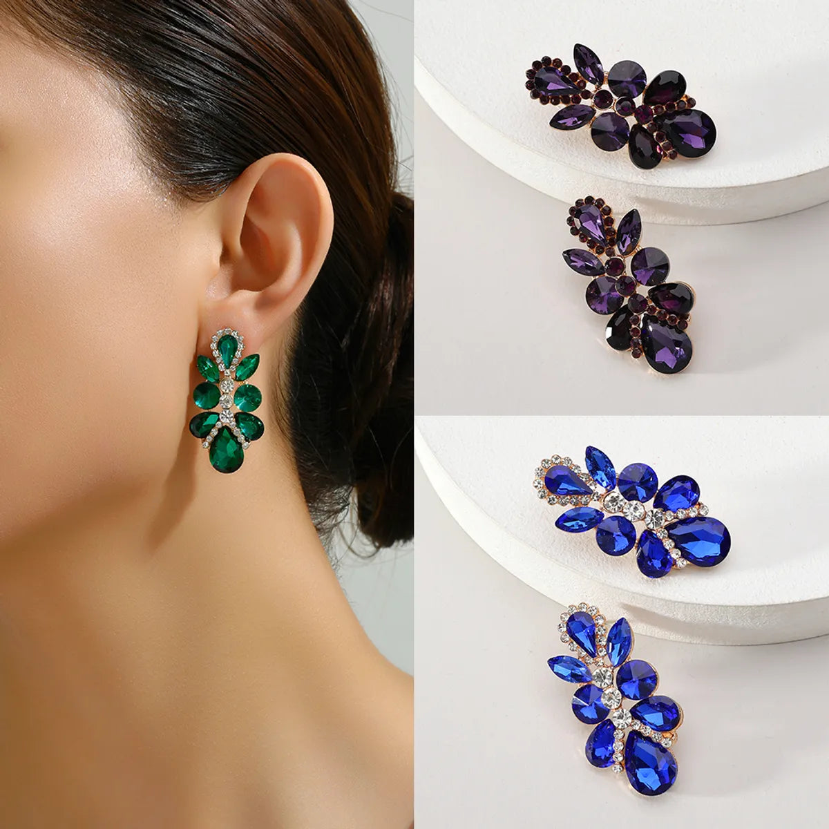 1 Pair Elegant Retro Luxurious Leaves Plating Hollow Out Inlay Zinc Alloy Glass Drop Earrings