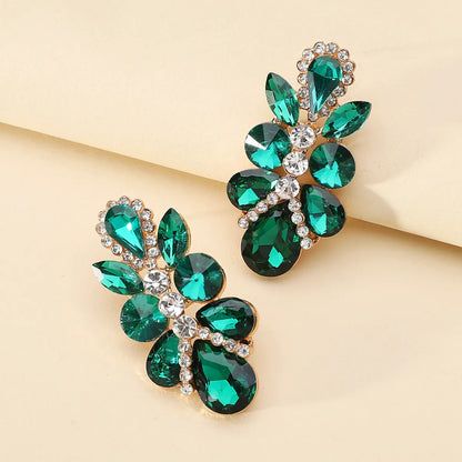 1 Pair Elegant Retro Luxurious Leaves Plating Hollow Out Inlay Zinc Alloy Glass Drop Earrings