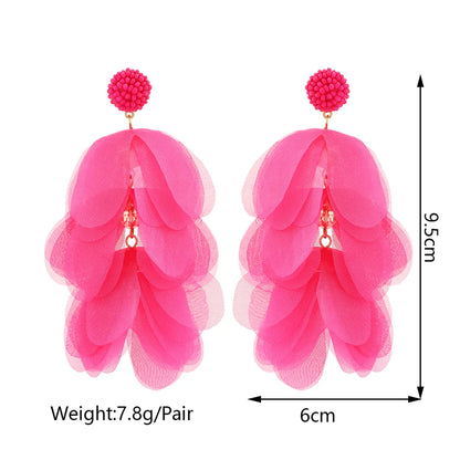 1 Pair Elegant Retro Luxurious Petal Tassel Seed Bead Lace Fabric Dangling Earrings