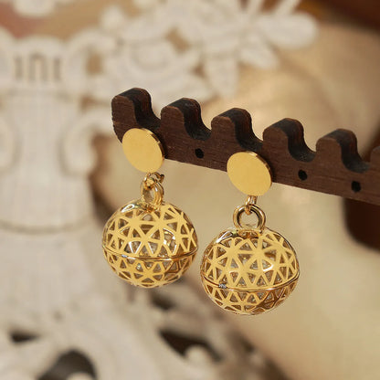 1 Pair Elegant Retro Round Ball Plating Hollow Out Inlay Titanium Steel Zircon 18k Gold Plated Drop Earrings