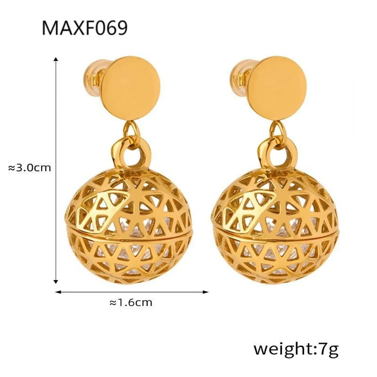 1 Pair Elegant Retro Round Ball Plating Hollow Out Inlay Titanium Steel Zircon 18k Gold Plated Drop Earrings