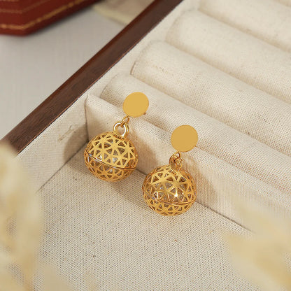 1 Pair Elegant Retro Round Ball Plating Hollow Out Inlay Titanium Steel Zircon 18k Gold Plated Drop Earrings