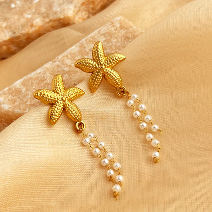 1 Pair Elegant Retro Starfish Shell Plating Inlay 201 Stainless Steel Pearl 18K Gold Plated Drop Earrings