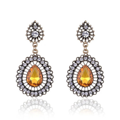 1 Pair Elegant Retro Water Droplets Inlay Alloy Rhinestones Gold Plated Drop Earrings