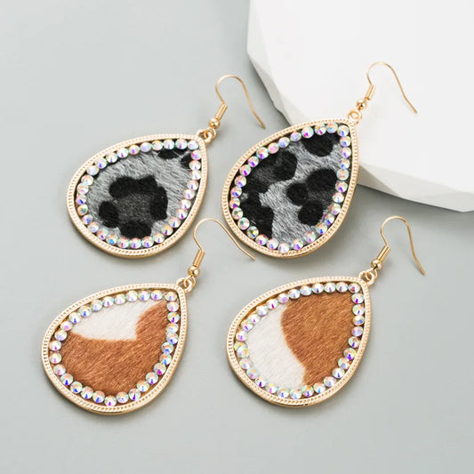 1 Pair Elegant Retro Water Droplets Plating Inlay Pu Leather Alloy Rhinestones Gold Plated Drop Earrings