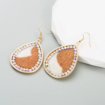 1 Pair Elegant Retro Water Droplets Plating Inlay Pu Leather Alloy Rhinestones Gold Plated Drop Earrings