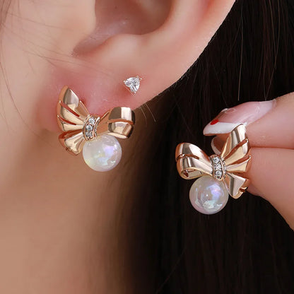 1 Pair Elegant Retro XUPING Geometric Bow Knot Inlay Copper Artificial Gemstones Pearl 18K Gold Plated Drop Earrings Ear Studs