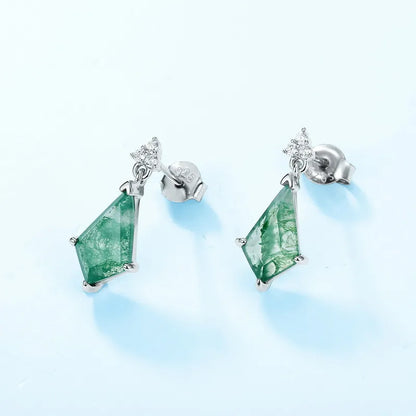 1 Pair Elegant Rhombus Lab-Grown Gemstone Moss Agate Silver Plated Drop Earrings