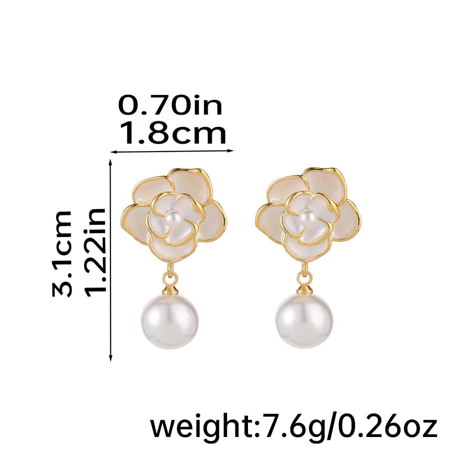 1 Pair Elegant Romantic Flower Inlay Copper Artificial Pearls 18K Gold Plated Drop Earrings Ear Studs