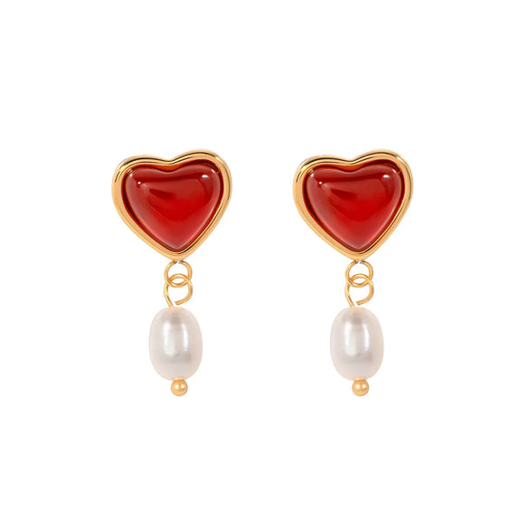 1 Pair Elegant Romantic Heart Shape Plating Inlay Stainless Steel Freshwater Pearl Agate Drop Earrings