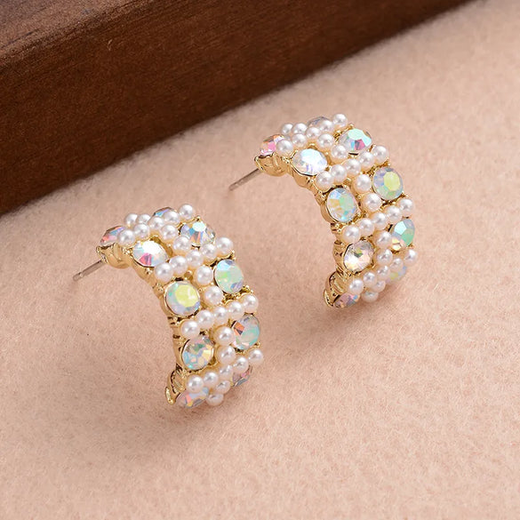 1 Pair Elegant Romantic Modern Style C Shape Plating Inlay Alloy Rhinestones Pearl 14k Gold Plated Ear Studs