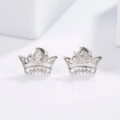 1 Pair Elegant Romantic Shiny Triangle Heart Shape Crown Inlay Carving Sterling Silver Zircon White Gold Plated Ear Studs