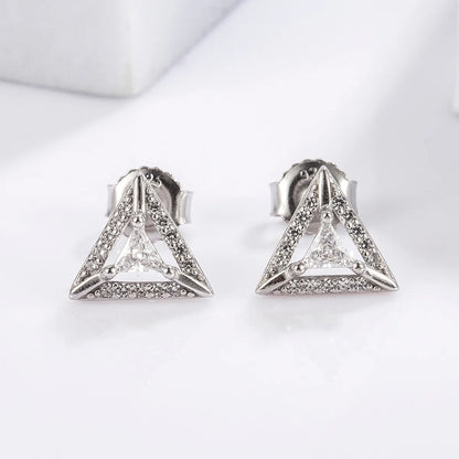 1 Pair Elegant Romantic Shiny Triangle Heart Shape Crown Inlay Carving Sterling Silver Zircon White Gold Plated Ear Studs