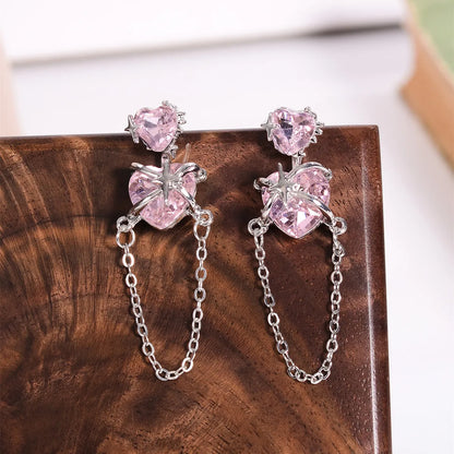 1 Pair Elegant Romantic Sweet Heart Shape Pearl Chain Inlay Alloy Rhinestones Drop Earrings