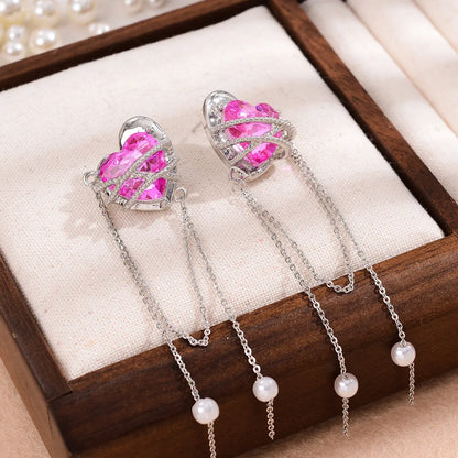 1 Pair Elegant Romantic Sweet Heart Shape Pearl Chain Inlay Alloy Rhinestones Drop Earrings