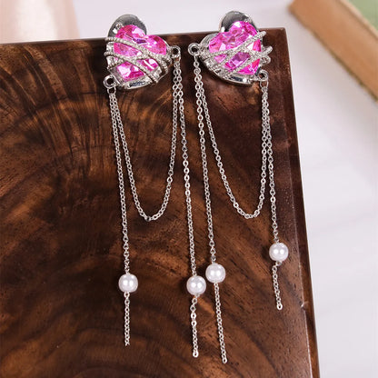 1 Pair Elegant Romantic Sweet Heart Shape Pearl Chain Inlay Alloy Rhinestones Drop Earrings