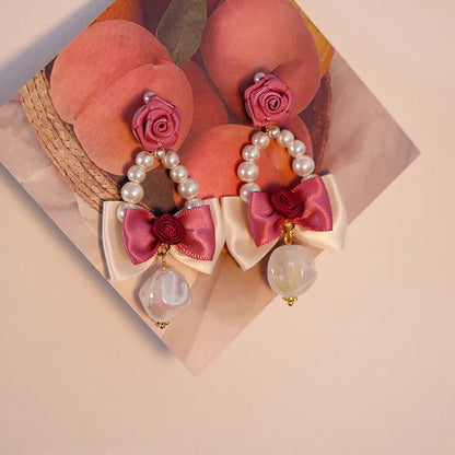 1 Pair Elegant Rose Bow Knot Cloth Drop Earrings