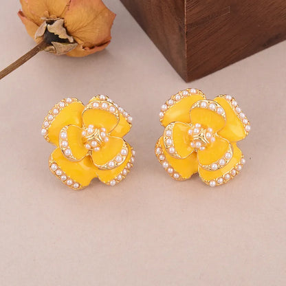 1 Pair Elegant Rose Flower Plating Inlay Copper Pearl Zircon 18K Gold Plated Ear Studs