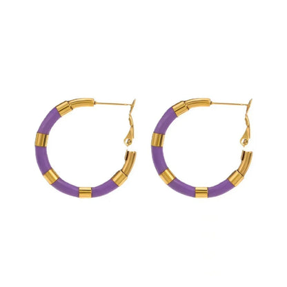 1 Pair Elegant Round Enamel Plating Titanium Steel 18k Gold Plated Hoop Earrings