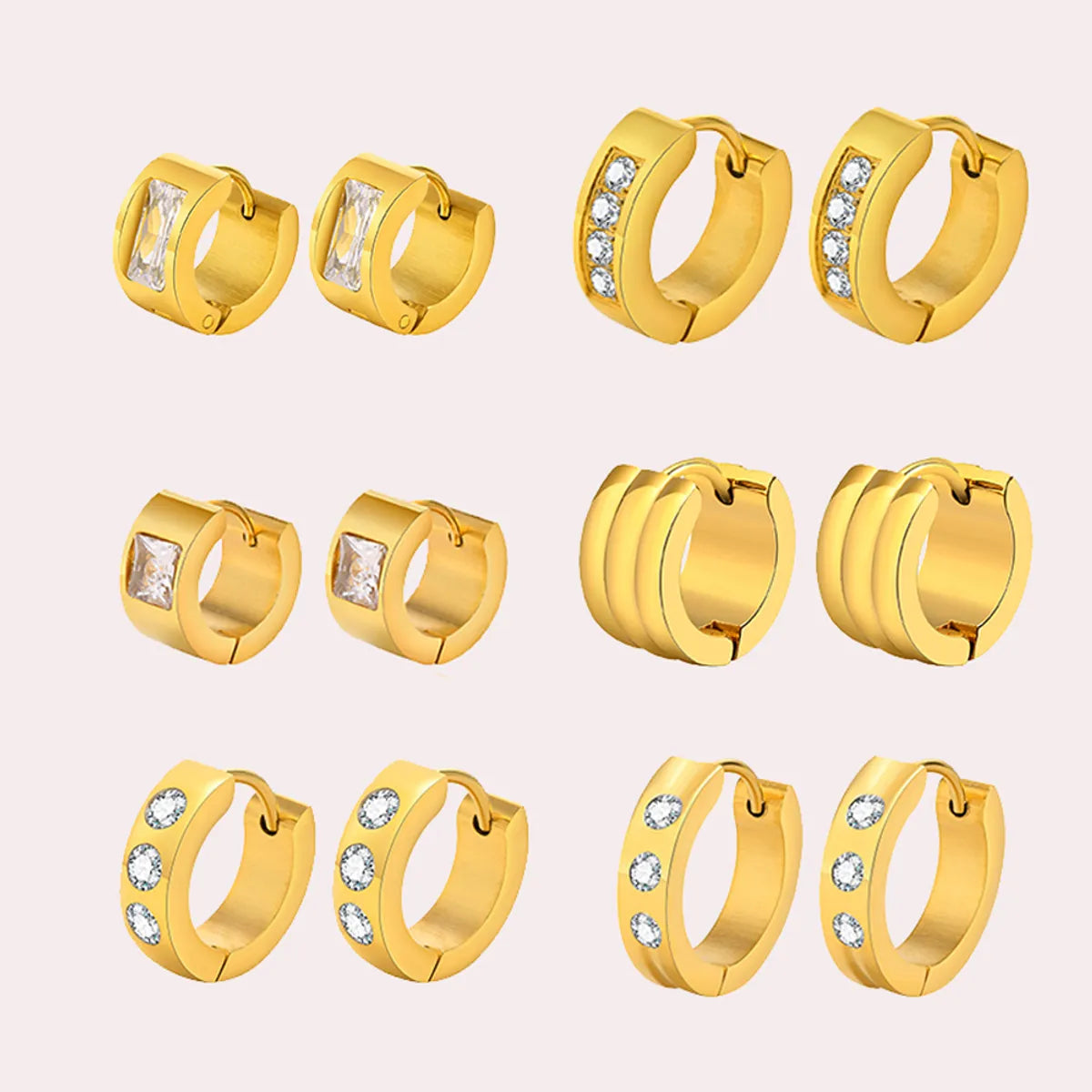 1 Pair Elegant Round Square Stripe Plating Inlay Stainless Steel Zircon 18k Gold Plated Hoop Earrings