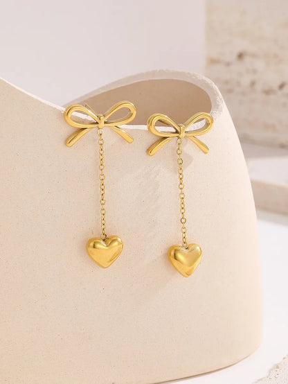 1 Pair Elegant Sexy Classic Style Heart Shape Bow Knot Inlay Titanium Steel Artificial Pearls 18K Gold Plated Drop Earrings