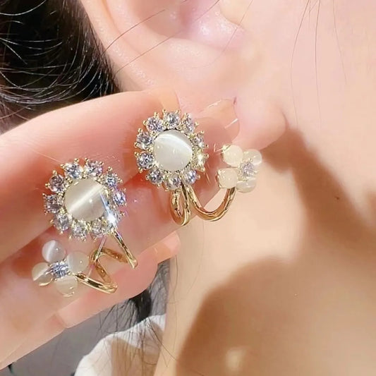 1 Pair Elegant Shiny Flower Inlay Alloy Opal Ear Studs