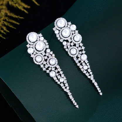 1 Pair Elegant Shiny Geometric Tassel Hollow Out Inlay Copper Artificial Pearls Zircon White Gold Plated Drop Earrings