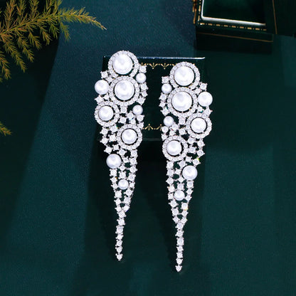 1 Pair Elegant Shiny Geometric Tassel Hollow Out Inlay Copper Artificial Pearls Zircon White Gold Plated Drop Earrings