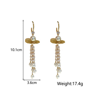 1 Pair Elegant Shiny Geometric Tassel Pearl Inlay Copper Zircon Drop Earrings