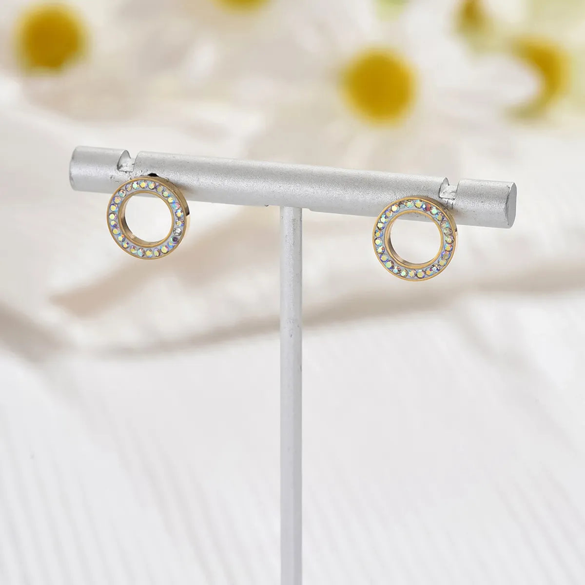 1 Pair Elegant Shiny Glittery Round Polishing Plating Hollow Out Stainless Steel Zircon 14k Gold Plated Ear Studs