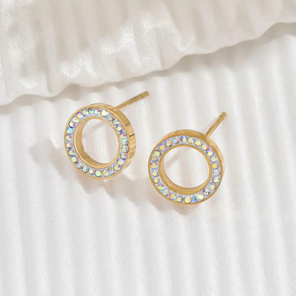 1 Pair Elegant Shiny Glittery Round Polishing Plating Hollow Out Stainless Steel Zircon 14k Gold Plated Ear Studs