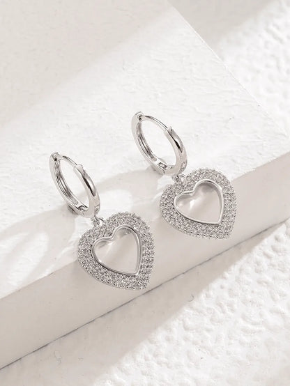 1 Pair Elegant Shiny Heart Shape Plating Hollow Out Inlay Copper Zircon Silver Plated Drop Earrings