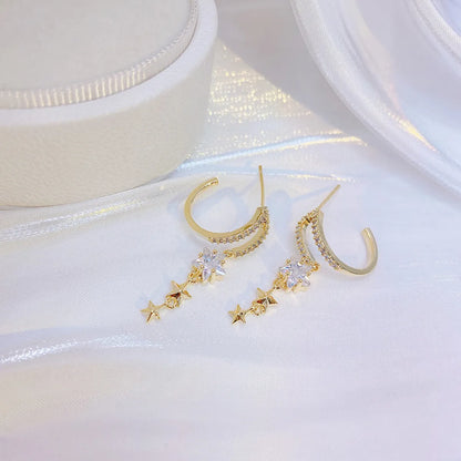 1 Pair Elegant Shiny Star Plating Inlay Copper Zircon Gold Plated Drop Earrings