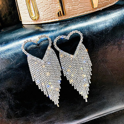 1 Pair Elegant Shiny Tassel Heart Shape Inlay Alloy Rhinestones Drop Earrings