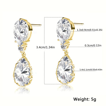 1 Pair Elegant Shiny Water Droplets Copper Zircon White Gold Plated Drop Earrings