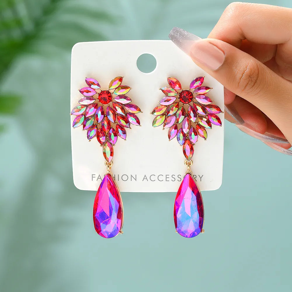 1 Pair Elegant Shiny Water Droplets Hollow Out Inlay Zinc Alloy Rhinestones Drop Earrings