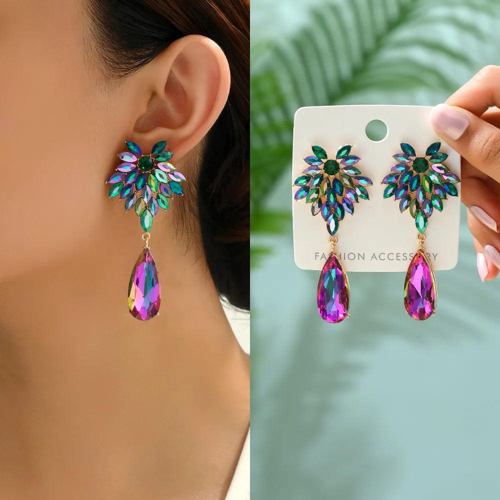 1 Pair Elegant Shiny Water Droplets Hollow Out Inlay Zinc Alloy Rhinestones Drop Earrings