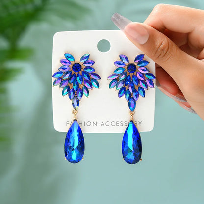 1 Pair Elegant Shiny Water Droplets Hollow Out Inlay Zinc Alloy Rhinestones Drop Earrings