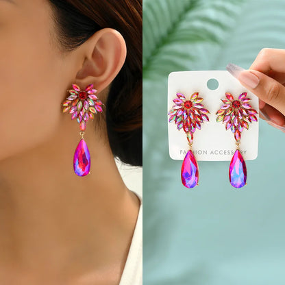 1 Pair Elegant Shiny Water Droplets Hollow Out Inlay Zinc Alloy Rhinestones Drop Earrings