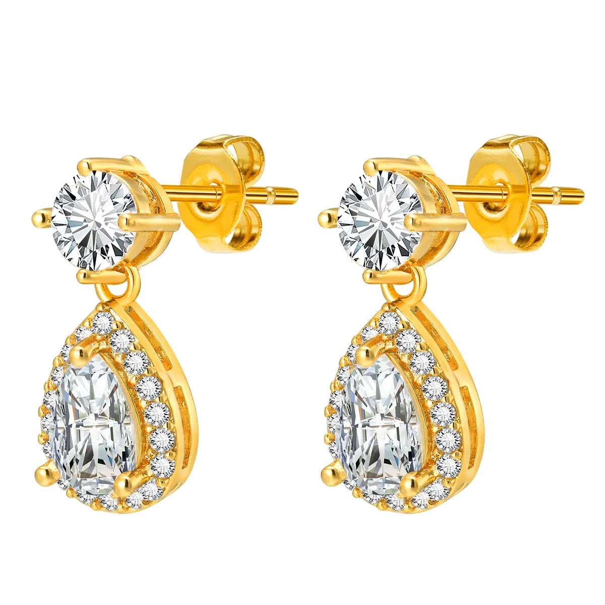 1 Pair Elegant Shiny Water Droplets Inlay Copper Zircon 18K Gold Plated Drop Earrings