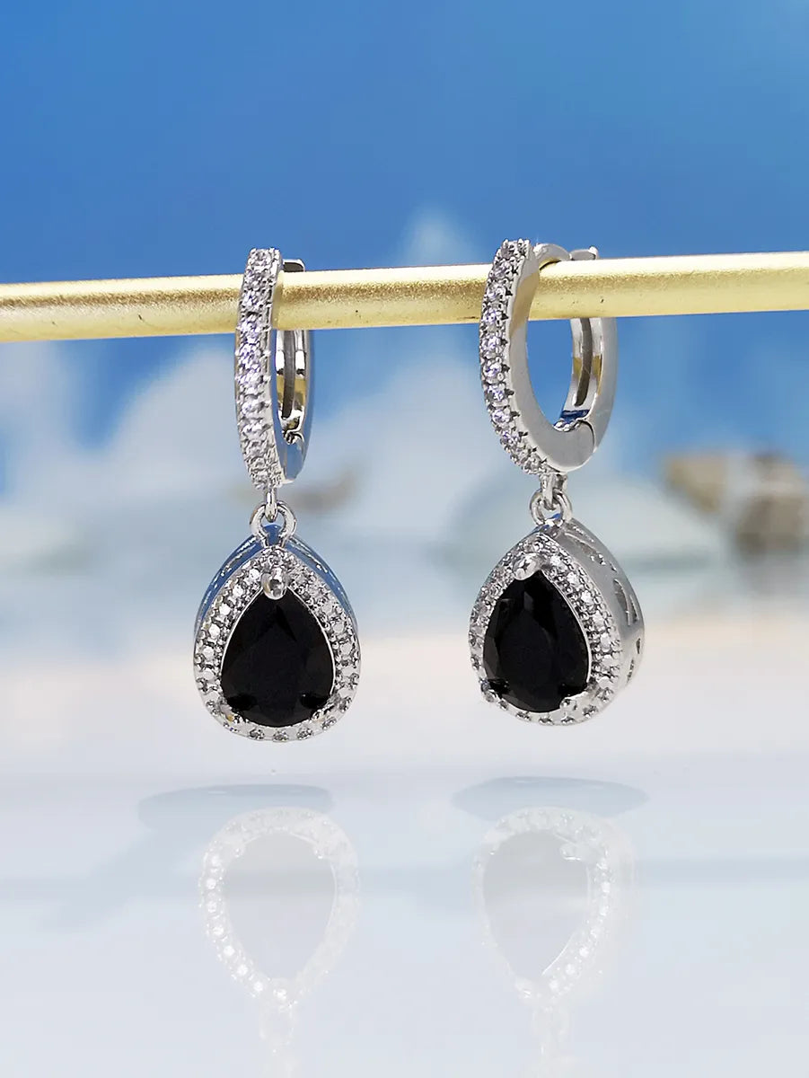 1 Pair Elegant Shiny Water Droplets Inlay Copper Zircon Drop Earrings