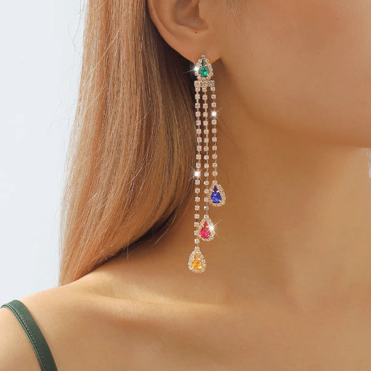 1 Pair Elegant Shiny Water Droplets Tassel Inlay Alloy Iron Rhinestones Drop Earrings