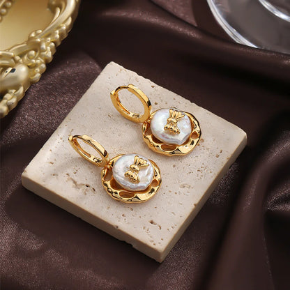 1 Pair Elegant Simple Style Bow Knot Inlay Natural Stone Freshwater Pearl Copper Natural Stone Pearl 18k Gold Plated Drop Earrings