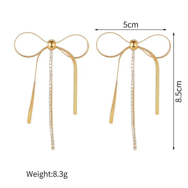 1 Pair Elegant Simple Style Bow Knot Plating Inlay 304 Stainless Steel Zircon 14K Gold Plated Drop Earrings