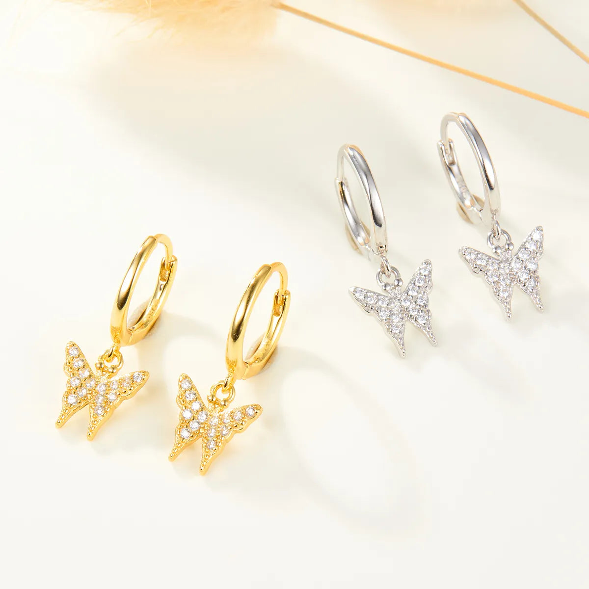 1 Pair Elegant Simple Style Butterfly Inlay Sterling Silver Zircon White Gold Plated Gold Plated Drop Earrings