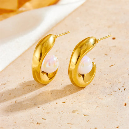 1 Pair Elegant Simple Style C Shape Plating Inlay Stainless Steel Artificial Pearls 18k Gold Plated Ear Studs