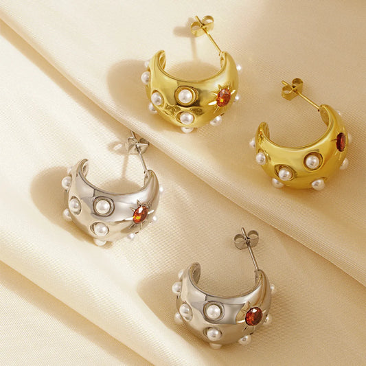 1 Pair Elegant Simple Style C Shape Plating Inlay Stainless Steel Artificial Pearls Rhinestones 18k Gold Plated Ear Studs