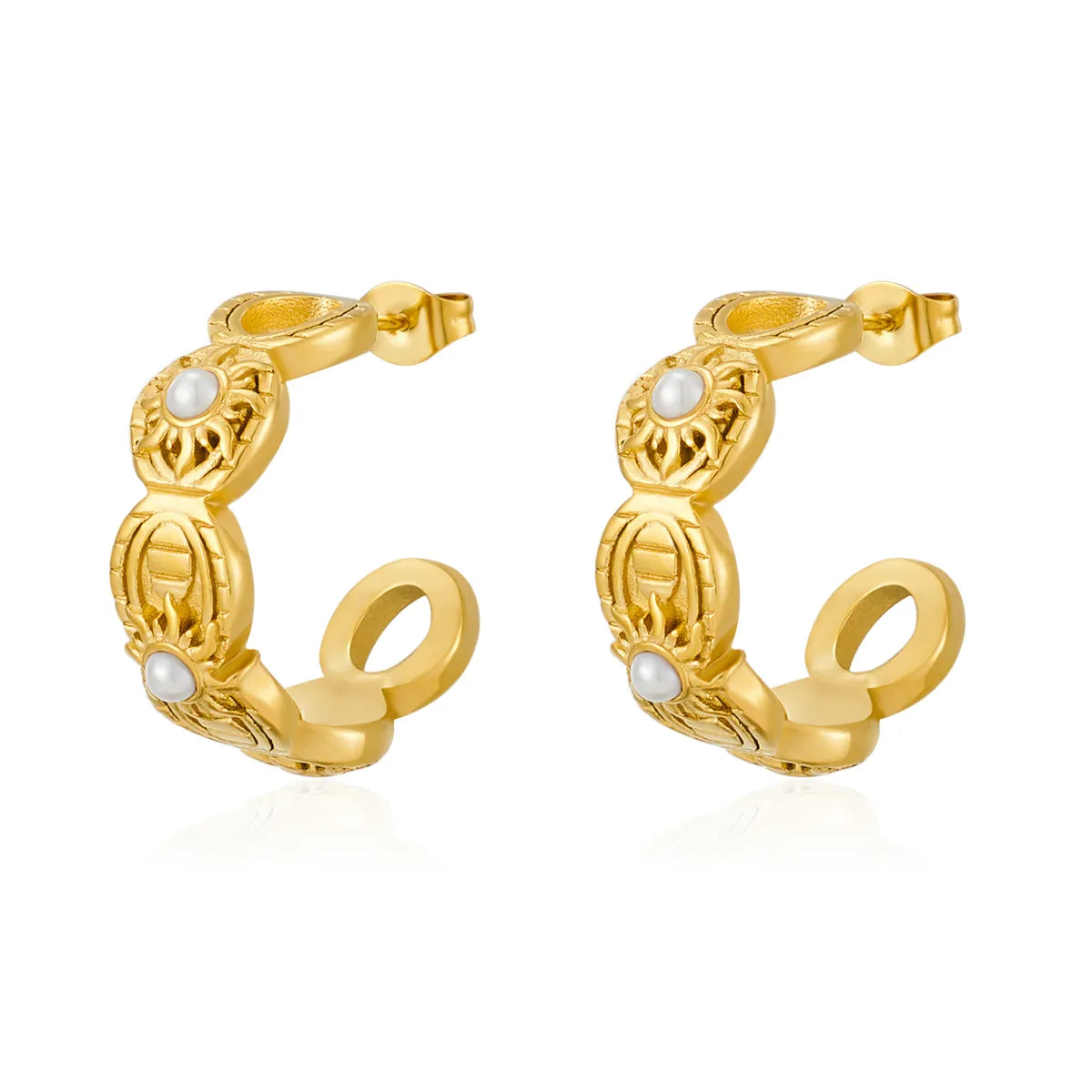 1 Pair Elegant Simple Style C Shape Sun Inlay 304 Stainless Steel Artificial Pearls 18K Gold Plated Ear Studs