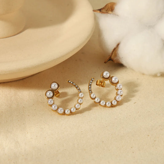 1 Pair Elegant Simple Style Circle Polishing Plating Stainless Steel Artificial Pearls Zircon 18k Gold Plated Ear Studs